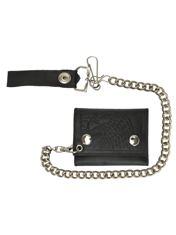 Marshal Genuine Leather Men EAGLE Trifold Wallet Chain Biker Trucker, Black