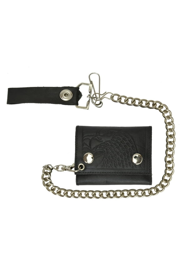 Marshal Genuine Leather Men EAGLE Trifold Wallet Chain Biker Trucker, Black