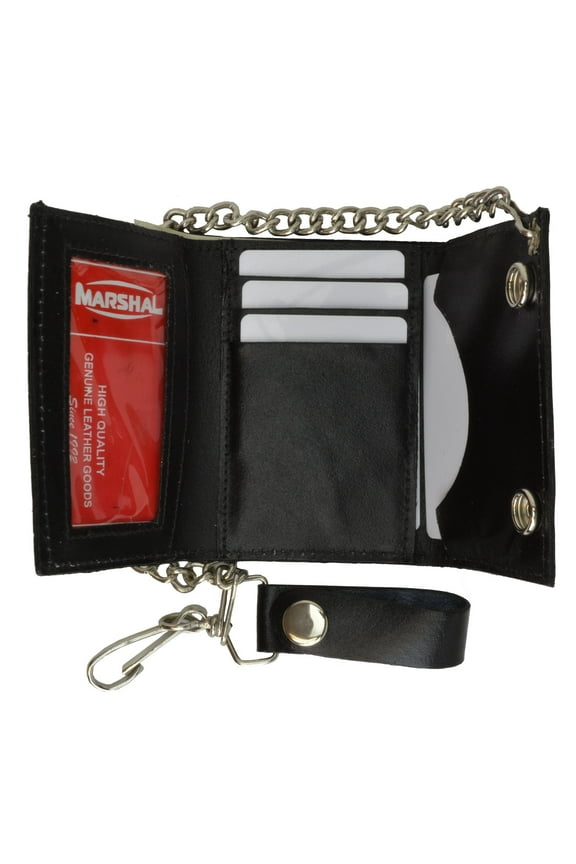 BLACK GENUINE LEATHER Trifold Biker's Wallet ID Card Holder w/Chain Skull