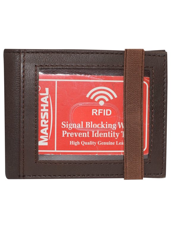 Marshal Genuine Leather Slim Bifold Exterior ID Card Holder Wallet with Elastic Band Closure Brown