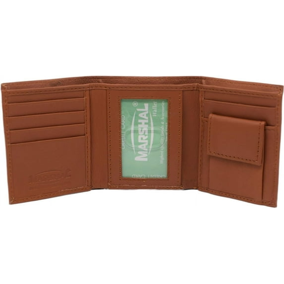 Marshal Kids Slim Compact ID and Coin Pocket Genuine Leather Trifold Wallet for Boys Tan