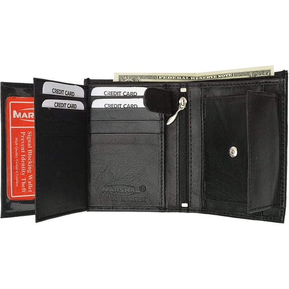 Marshal Leather Bifold Wallet, Black with Organza Gift Bag Black