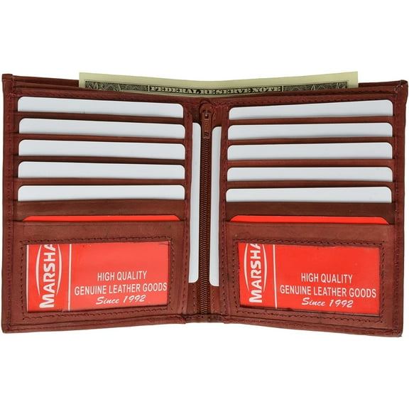 Marshal Men's Genuine Leather European Bifold Wallet Slim Hipster 2 Windows Credit Card Euro Burgundy