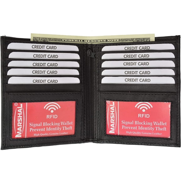 Marshal Men's Genuine Leather European Bifold Wallet Slim Hipster 2 Windows Credit Card Euro RFID Black