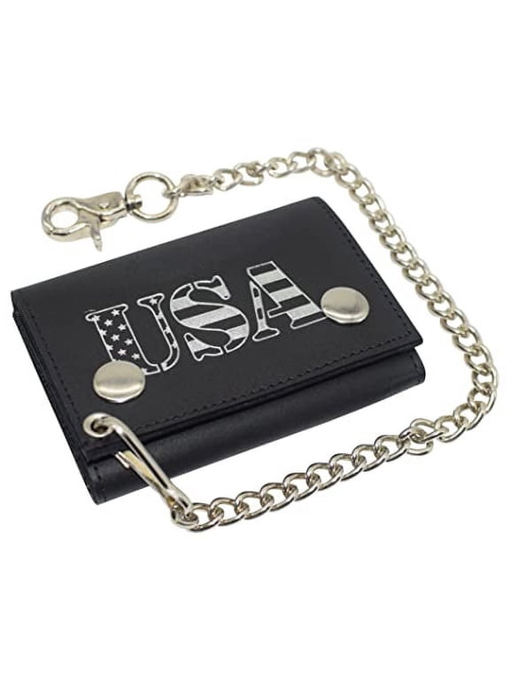 Marshal Men's Tri-fold RFID Blocking Biker Genuine Leather Steel Chain USA Wallet Snap closure