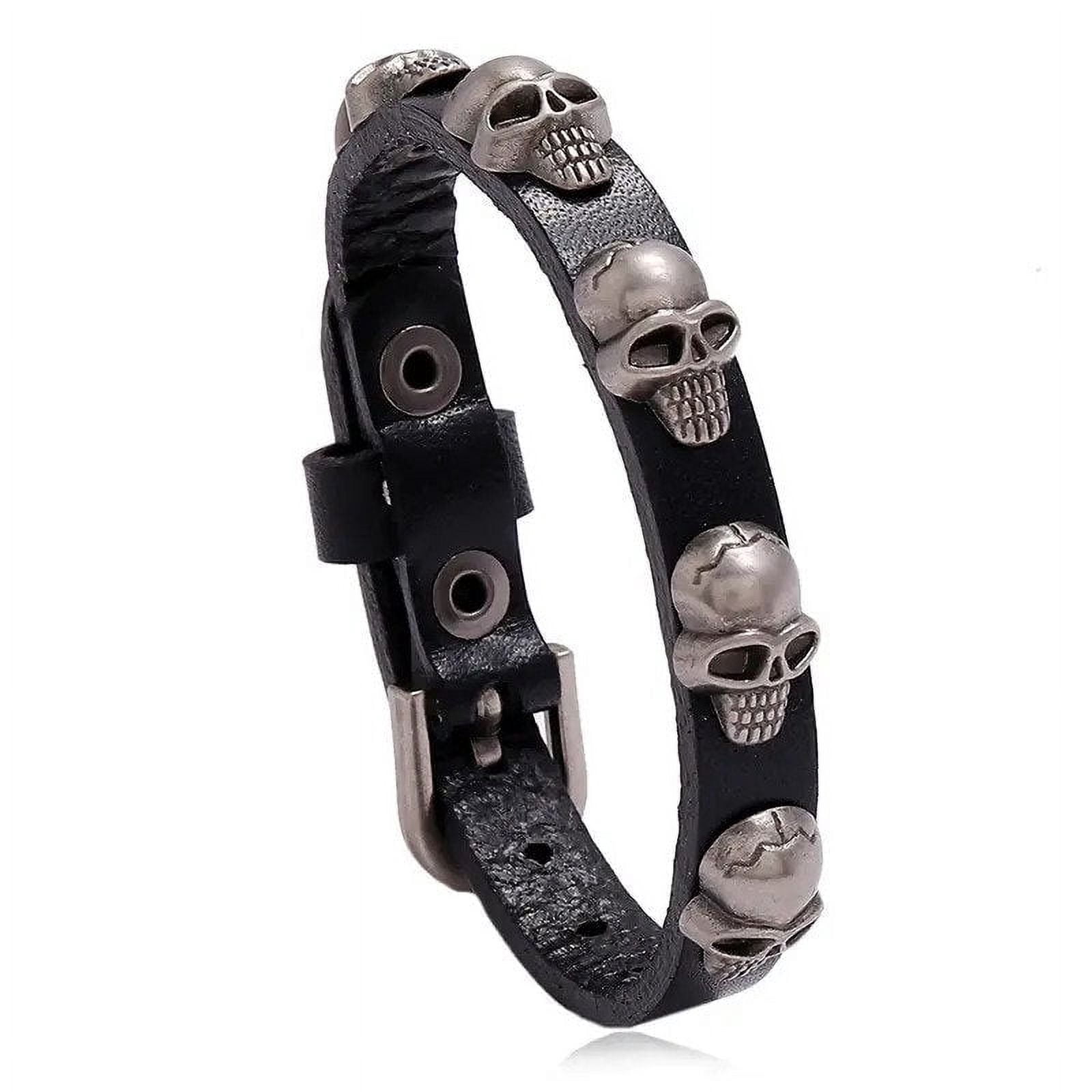 LEATHERS AND TREASURES スカル レザーブレスレット Marshal Punk Skull Leather Bracelet Hip Hop Jewelry for Men