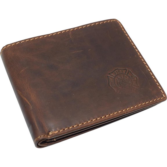 Marshal RFID Blocking Fire Fighter Embossed Leather Center ID Flap Bifold Wallet for Men RHU Brown