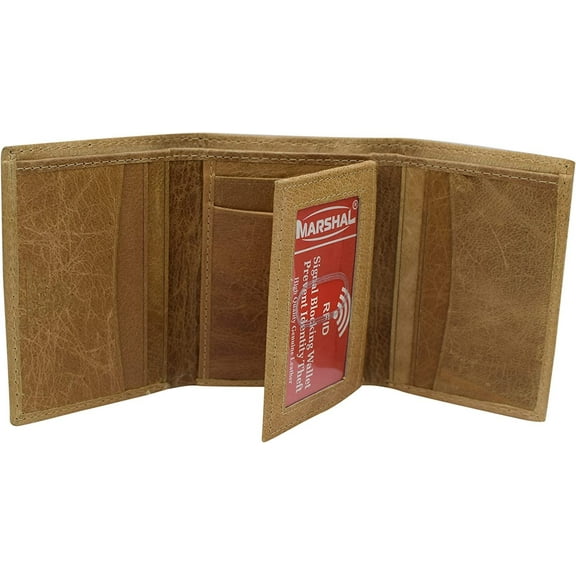 Marshal RFID Protected Men's Cowhide Leather Trifold Wallet with 9 Card Slots 2 Note Pocket & 2 ID Windows Tan