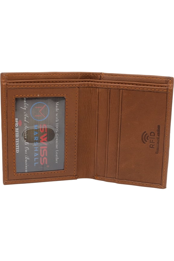 Marshal Slim Bifold Front Pocket Wallet 2 ID Window Credit Card Holder Genuine Leather RFID Blocking Tan
