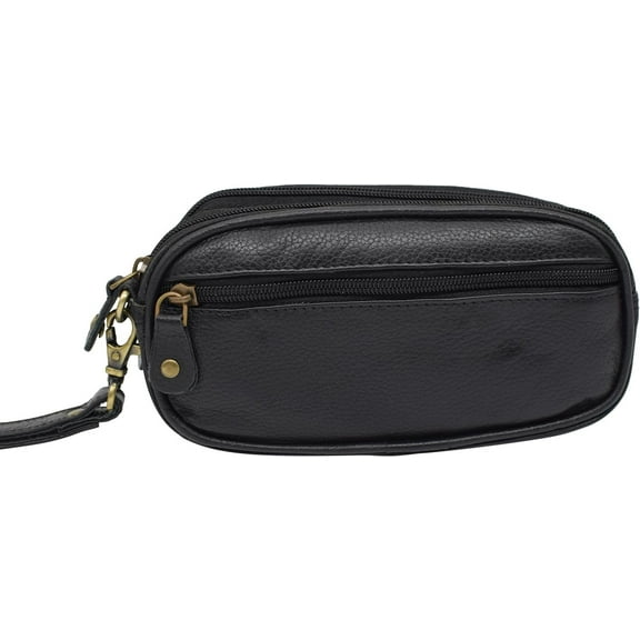 Marshal Wallet Black Genuine Leather Double Zippered Glasses Case Phone Holder with Belt Loops & Wristlet Leather Strap