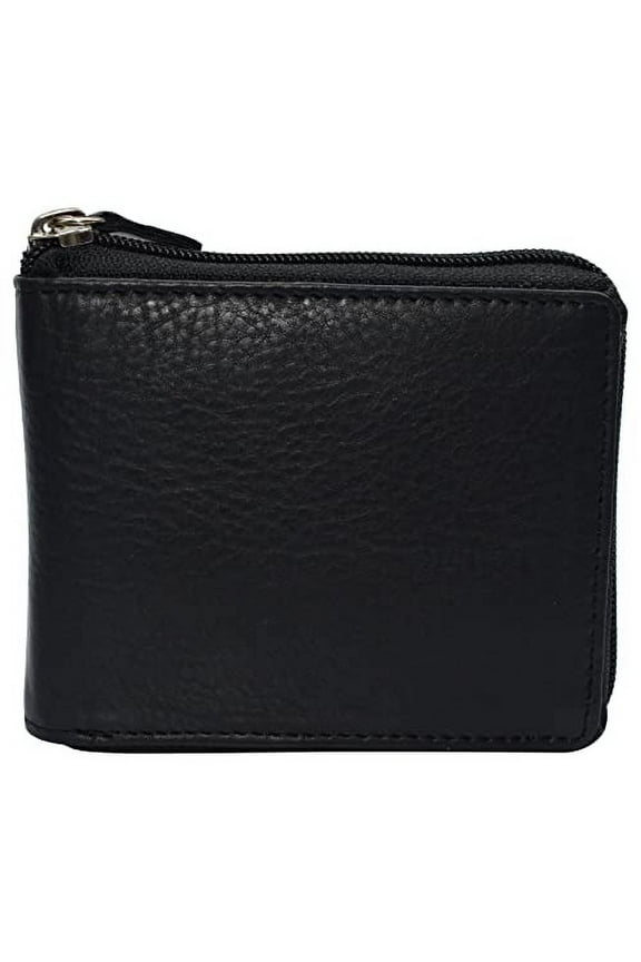 RFID Blocking Men's Cowhide Leather Bifold Wallet with Zip Around Closure, Black