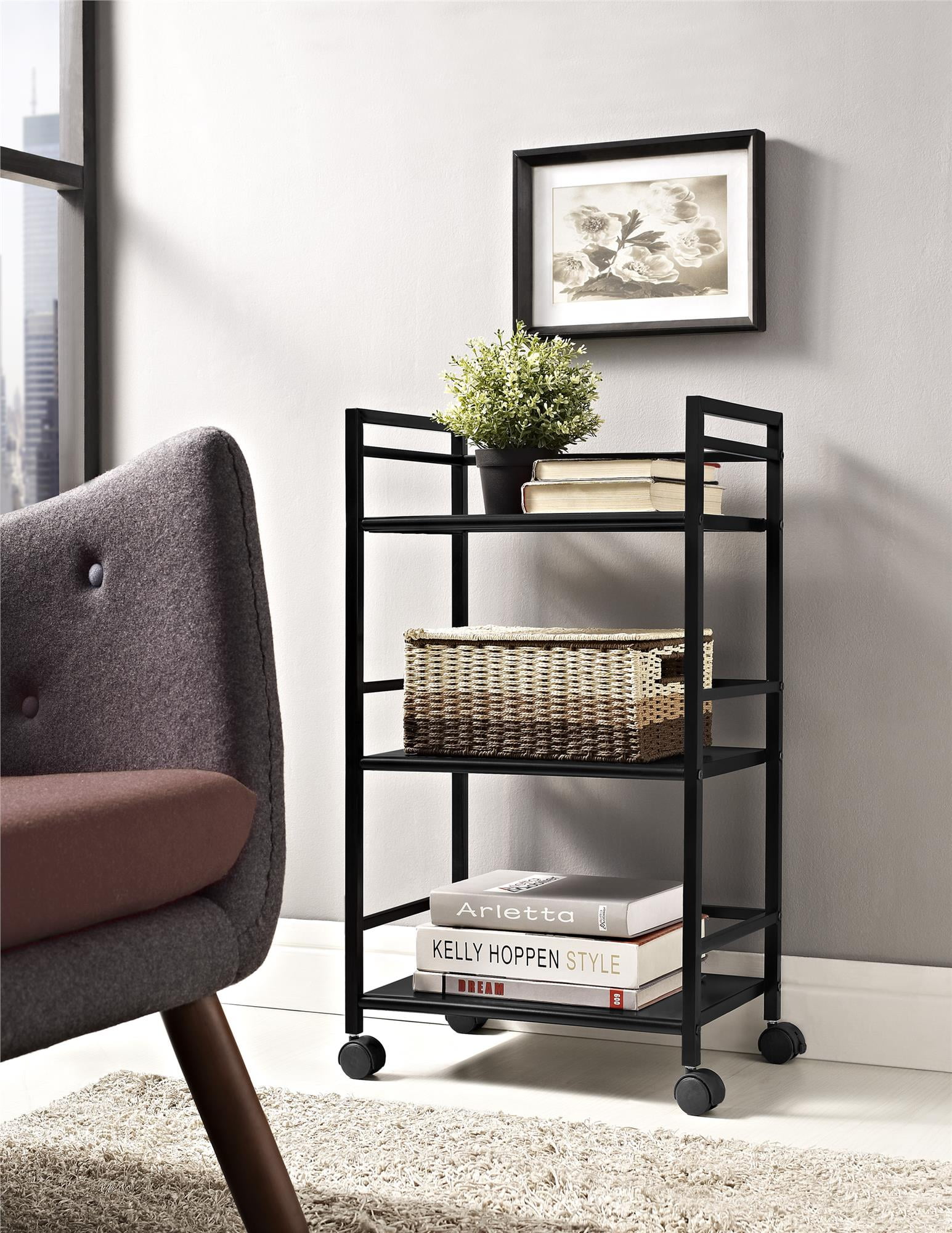 Black Metal 3-Shelf Rolling Utility Cart
