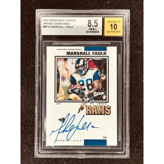 Marshall Faulk certified autograph St. Louis Rams 2001 Upper Deck Vintage Signatures card BGS 8.5 BAS 10