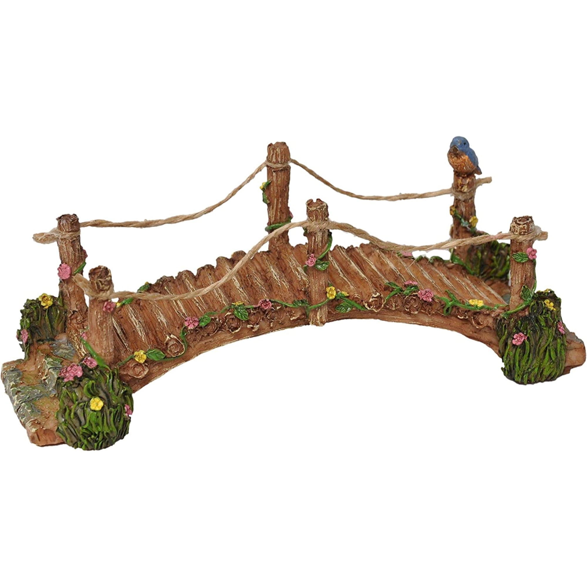 Miniature Fairy Garden Wooden Bridge with Blue Bird