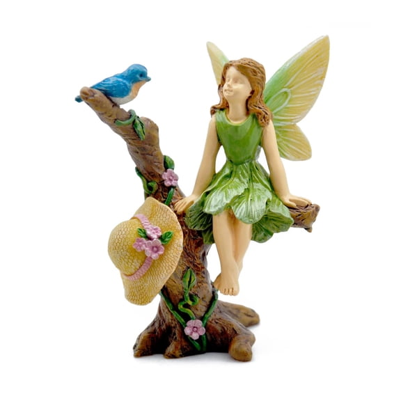 Marshall Home & Garden Fairy and Bird Conversation in Tree - Multicolor Resin Miniature Figurine for Garden, 4 x 1 Inch, MG465