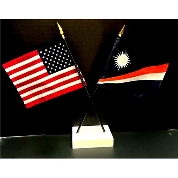 Marshall Islands Desk Flag Set; Contains One USA and One Country Flag with a White Crossed Base, American Made