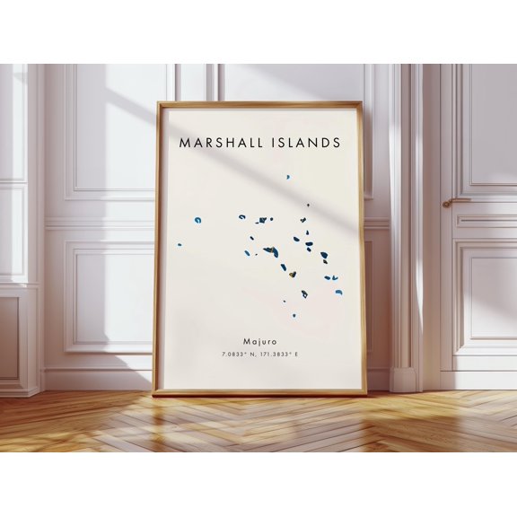 Marshall Islands Map Poster Blue and Gold Oceania Wall Art Print Home Decor Geography Map Gift
