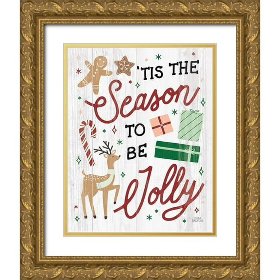 Marshall, Laura 12x14 Gold Ornate Wood Framed with Double Matting Museum Art Print Titled - Reindeer Holiday III Shiplap