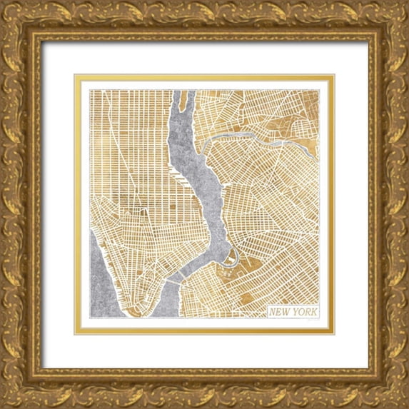Marshall, Laura 15x15 Gold Ornate Wood Framed with Double Matting Museum Art Print Titled - Gilded New York Map