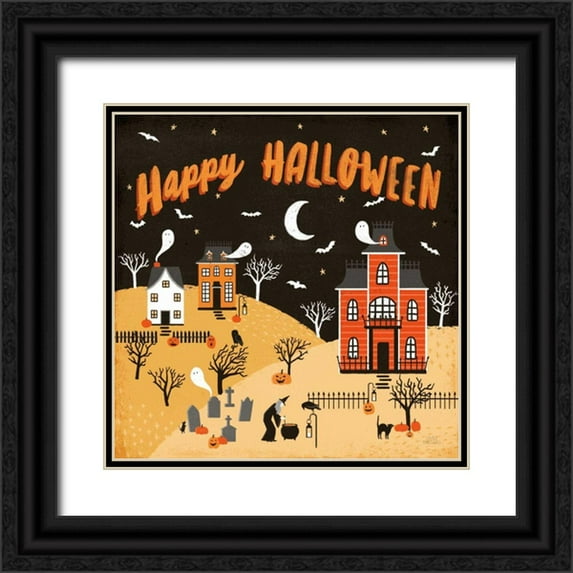Marshall, Laura 20x20 Black Ornate Wood Framed with Double Matting Museum Art Print Titled - Spooky Village IV Happy Halloween
