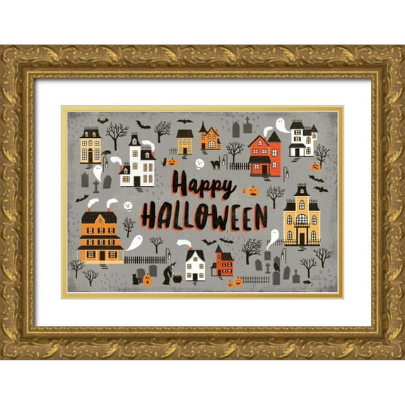 Marshall, Laura 24x17 Gold Ornate Wood Framed with Double Matting Museum Art Print Titled - Spooky Village I Gray