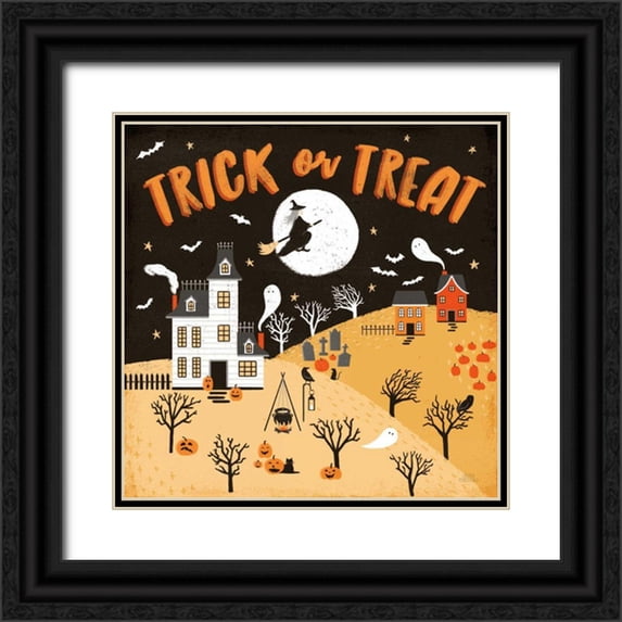 Marshall, Laura 26x26 Black Ornate Wood Framed with Double Matting Museum Art Print Titled - Spooky Village III Orange