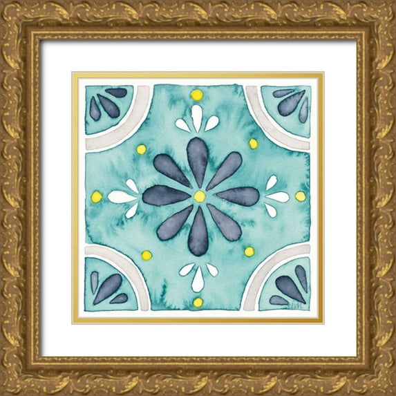 Marshall, Laura 26x26 Gold Ornate Wood Framed with Double Matting Museum Art Print Titled - Garden Getaway Tile I Teal