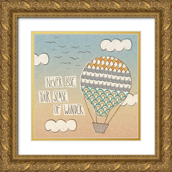 Marshall, Laura 26x26 Gold Ornate Wood Framed with Double Matting Museum Art Print Titled - Up Up and Away Wonder Teal