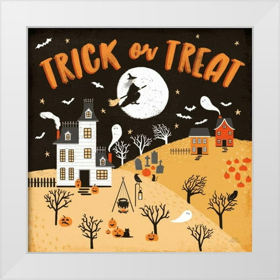 Marshall, Laura 26x26 White Modern Wood Framed Museum Art Print Titled - Spooky Village III Orange