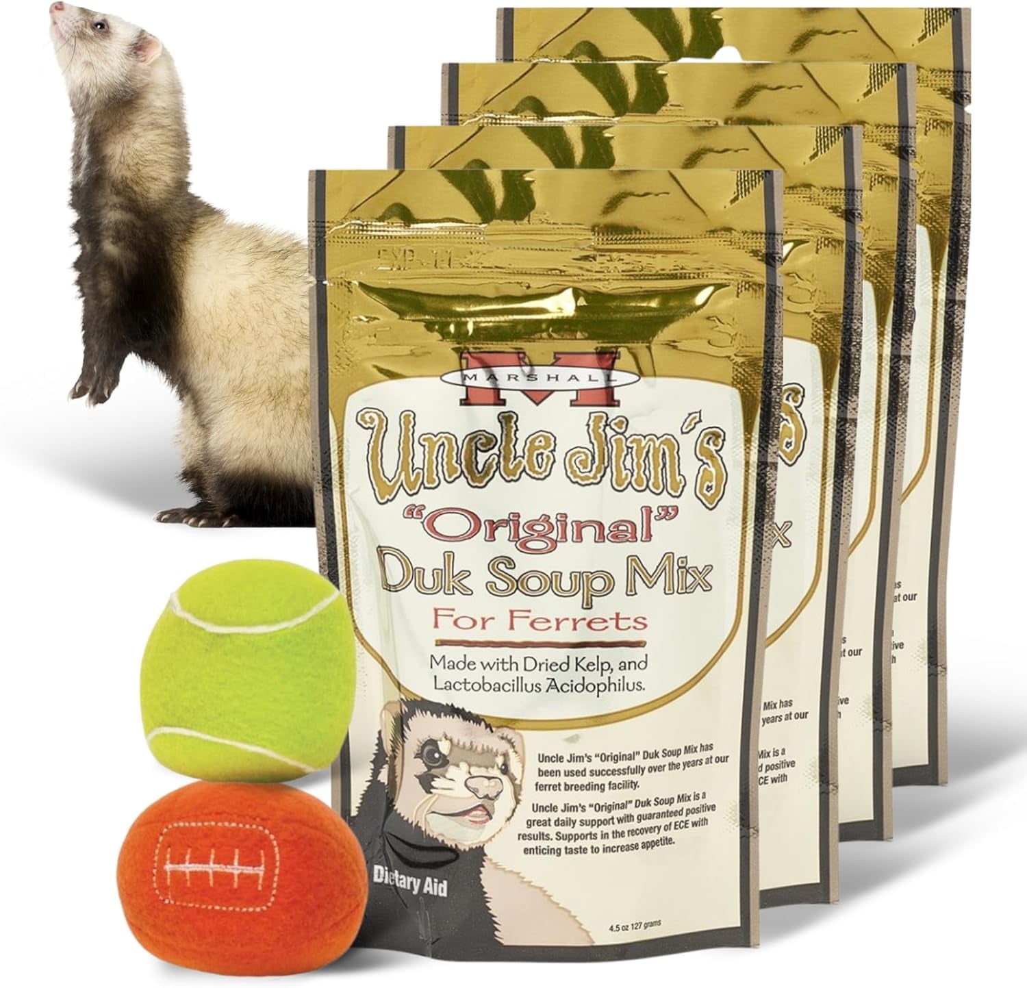 Marshall Pet Products 4-Pack DUK Soup for Ferrets - Includes 2 Ferret Sports Ball Toys Digestive Support Food- Ferret Toys & Accessories- 4.5oz Resealable DUK Soup Mix for Ferrets