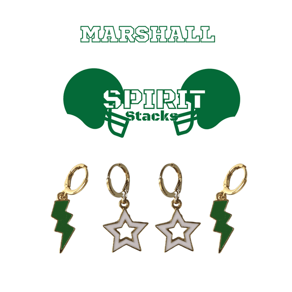 Marshall University Spirit Stack green mini enamel bolts and white statement open starboys