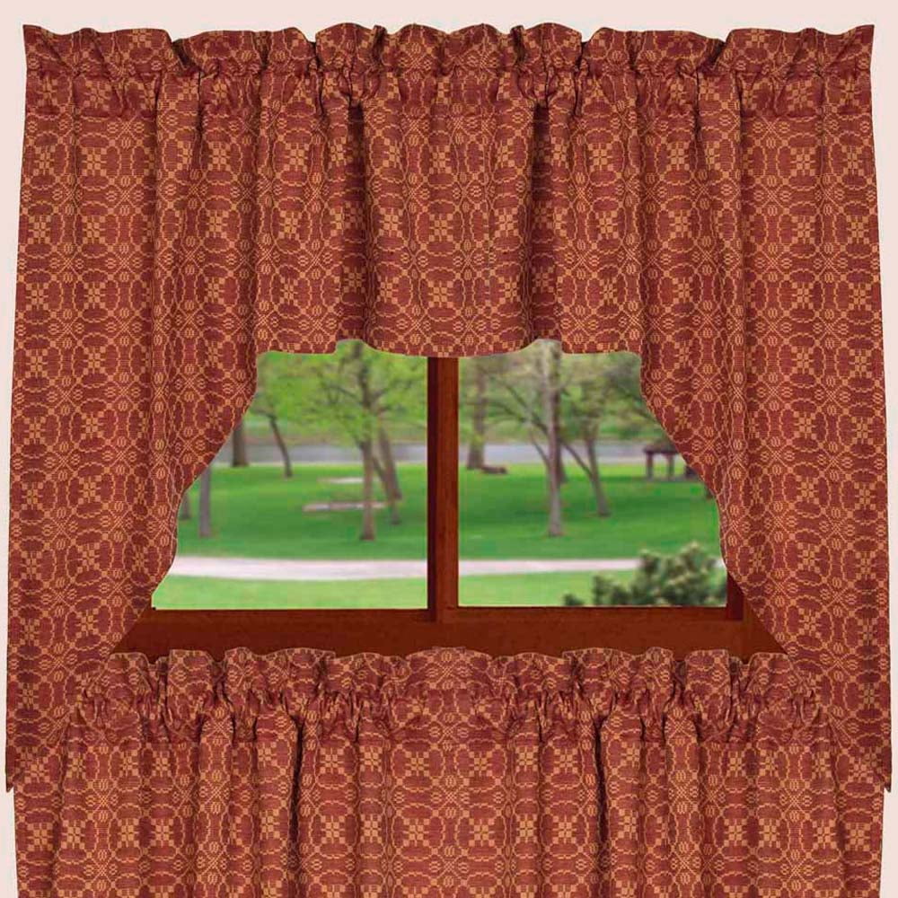 Barn Red and Tan Cotton Jacquard Rod Pocket Swag Valance Set