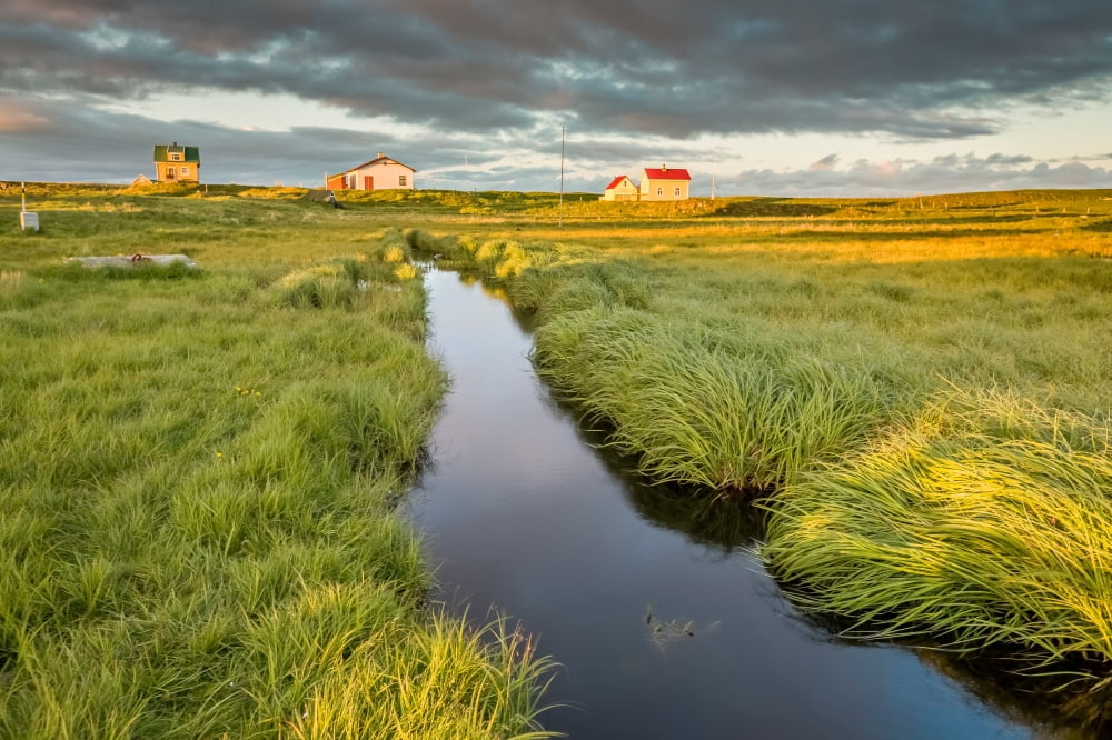 Marshland and summer houses Flatey Island Borgarfjordur Iceland Canvas Art - Panoramic Images (27 x 9)