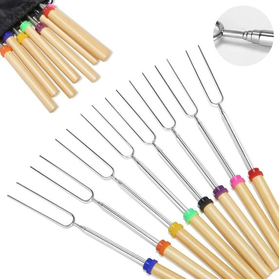 Marshmallow Roasting Sticks, 8 Pack Stainless Extendable Forks with Wooden Handle, Hot Dog Smores Skewers Kids Safe Barbecue Forks for Campfire, Bonfire and Grill