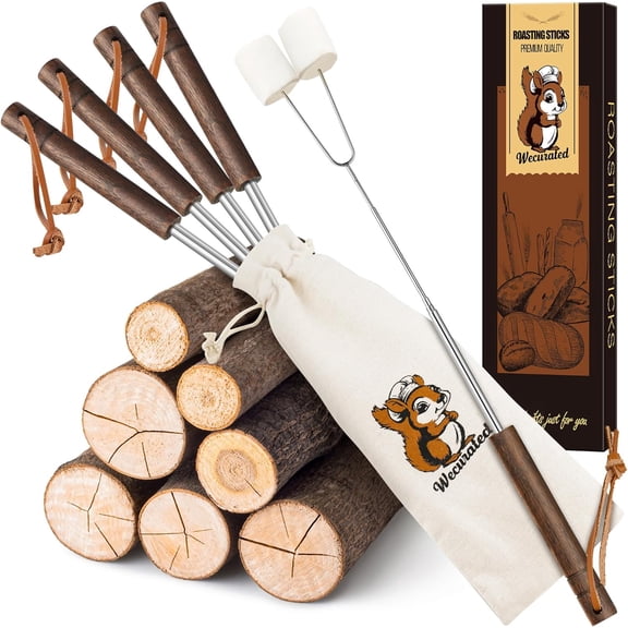 Marshmallow Roasting Sticks Set of 5 | Telescoping Long for Fire Pit, Campfire Grill Bonfire Party Smores, Wooden Handle, Storage Bag Included