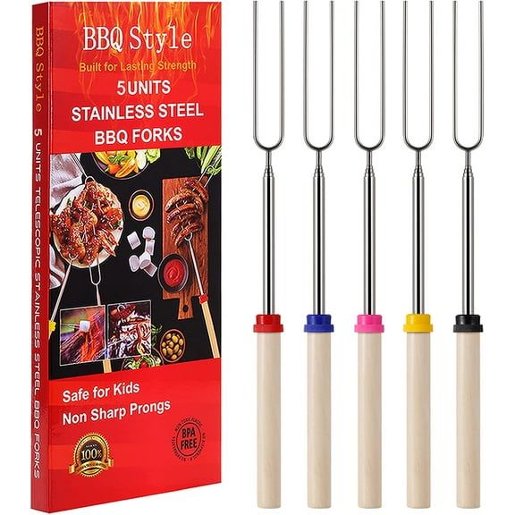 Marshmallow Roasting Sticks, Telescoping Smores Sticks for Open Fire Pit, 32 Inch Long Marshmallow Toasting Barbecue Forks Smores Skewers for Campfire Camping Hotdog Hot Dog Bonfire Grill, 5 Pack
