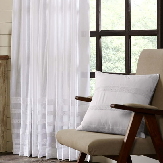 Marshmallow White Farmhouse Curtains Quinn Tab Top Cotton Tie Back(s) Lace Sheer Solid Color Panel Pair