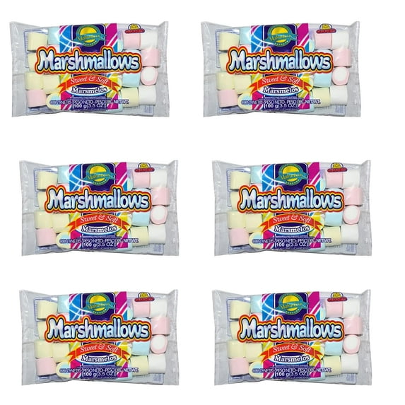 Marshmallows, Bi-color- Fruity Conveniant Pack Size, 6 x 3.5 oz, White Pink Sky-blue Yellow