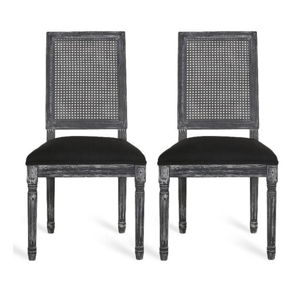 Marsie Dining Chair Set of 2- Black Fabric- Wood Frame Cane Backrest