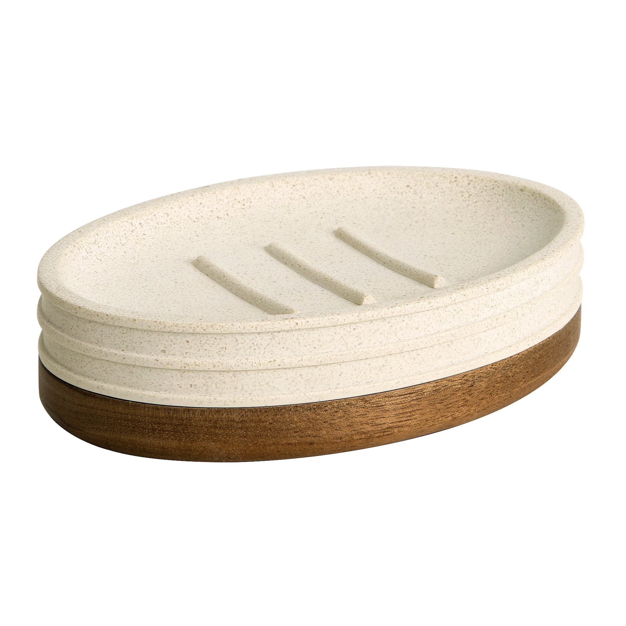 Light Beige Stone and Wood Oval Soap Dish