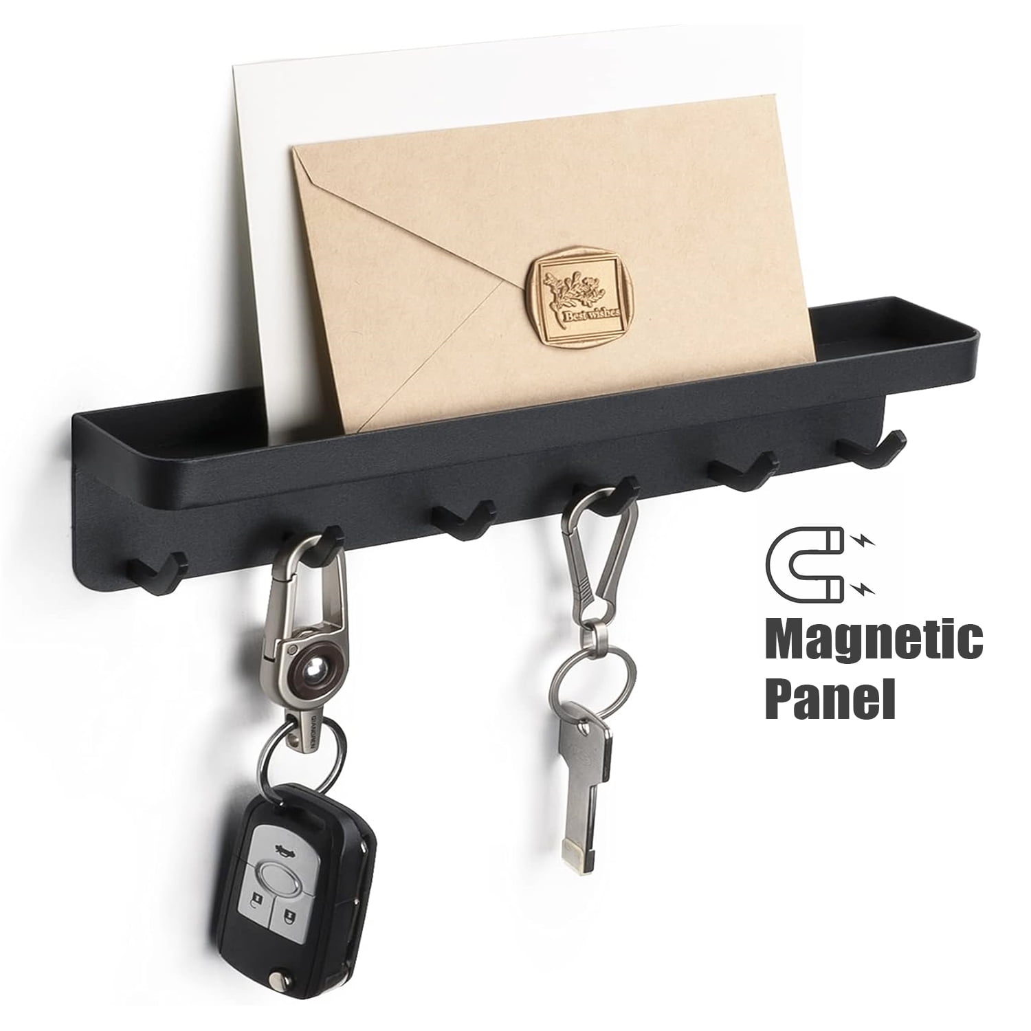 Punch Free Key Holder, Wall Mounted Key and Mail Organizer with Tray and 6