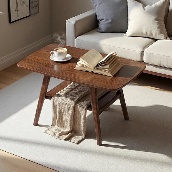 Qokori 100% Solid Wood Coffee Table with Storage, Mid Century Modern 2-Tier Center Table for Living Room, Round Edges Wood Table Robot Vacuum Friendly, Easy Assembly (Walnut, 31.49")