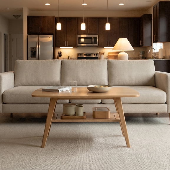 Qokori 100% Solid Wood Coffee Table with Storage, Mid Century Modern 2-Tier Center Table for Living Room, Round Edges Wood Table Robot Vacuum Friendly, Easy Assembly (Natural Color, 31.49")