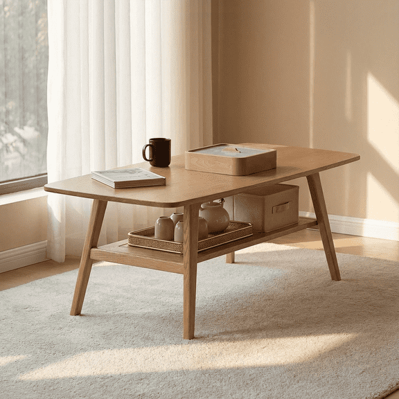 Qokori 100% Solid Wood Coffee Table with Storage, Mid Century Modern 2-Tier Center Table for Living Room, Round Edges Wood Table Robot Vacuum Friendly, Easy Assembly (Natural Color, 47.27")