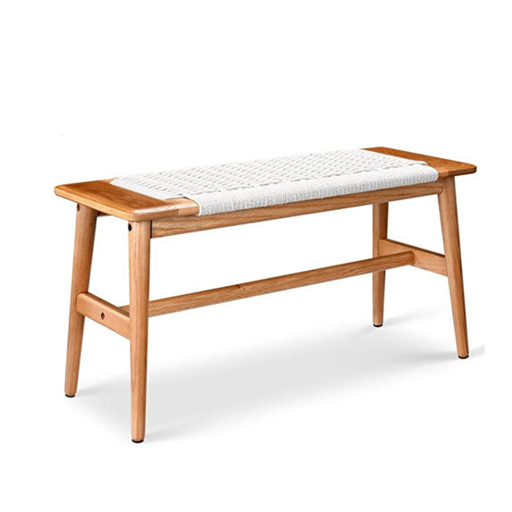 Marsrizon Solid Oak Wood Bench, 32" L Rope Woven Entryway Bench, Wood Dining Bench with Rattan Design, Boho Bench for Entryway Hall, Dining Room,Bedroom, Living Room