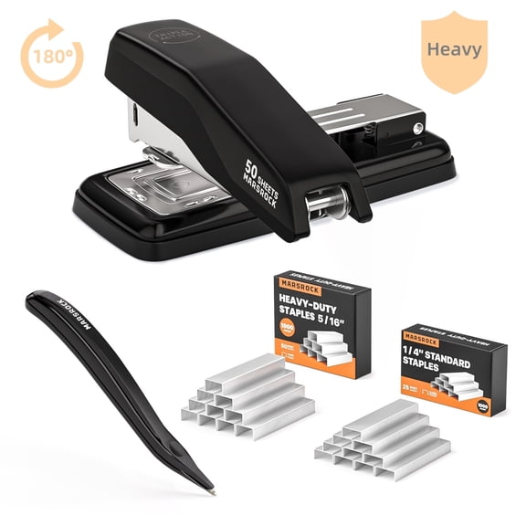 Marsrock Black Desktop Swing-Arm Swivel Stapler,50 Sheet Capacity,2000 Staples and Staple Remover,Rotatable Heavy Duty Staplers for Office, Home