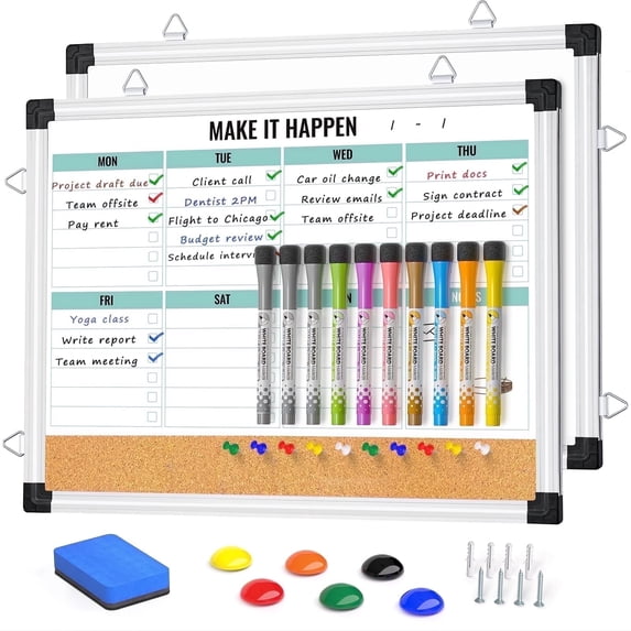 Marsrock On Sale 17"x13" Green Weekly Whiteboard with Aluminum Frame,Planner Cork Board Combo for Wall,Reversible Hanging Dry Erase Board