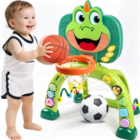 Marstone Baby Boy Toys for 1 2 3 Year Old Gifts: Toddler Basketball Hoop and Soccer Goal Activity Center Toys with Sound and Music for Kids, Girls 1-3, Interactive 1st First Birthday Present
