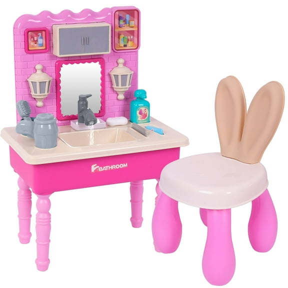 Marstone Pink Kids Vanity Set with Mirror, Working Faucet & Bunny Chair Pretend Makeup Toy with Running Water & Sound for Girls Ages 3+, Electric Sink & Role Play Dresser for Toddlers