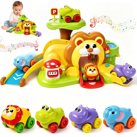 Marstone Push & Pull Animal Car Ramp Toy with Lights & Sounds for Toddlers